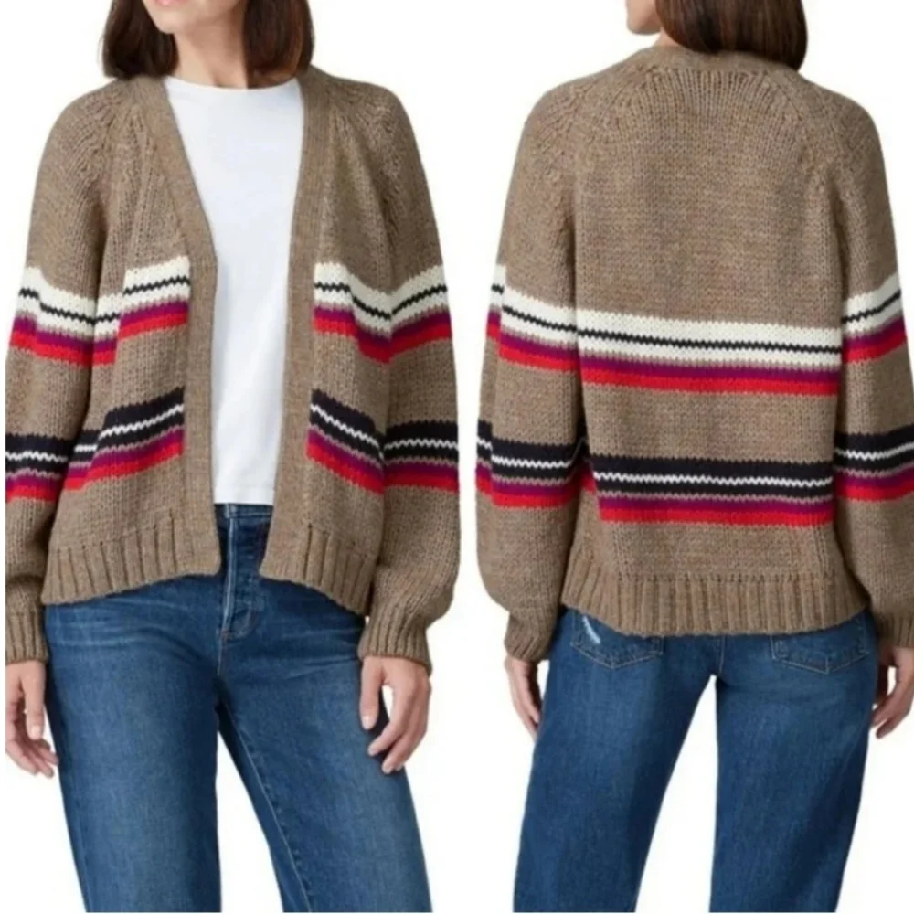XíRENA Open‎ Cardigan Brown Striped Alpaca Blend Preppy Grampacore Boho FLAW